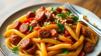 Quick Spicy Roma Sausage Pasta Delight recipe card