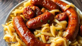 Slow Cooked Sausage with Tangy Sauerkraut recipe card