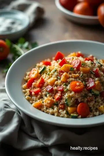 Savory Quinoa Bowl with Roasted Veggies & Lemon-Tahini Dressing presentation