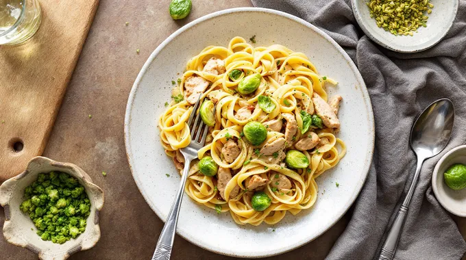 Healthy Chicken Fettuccine with Brussels Sprouts