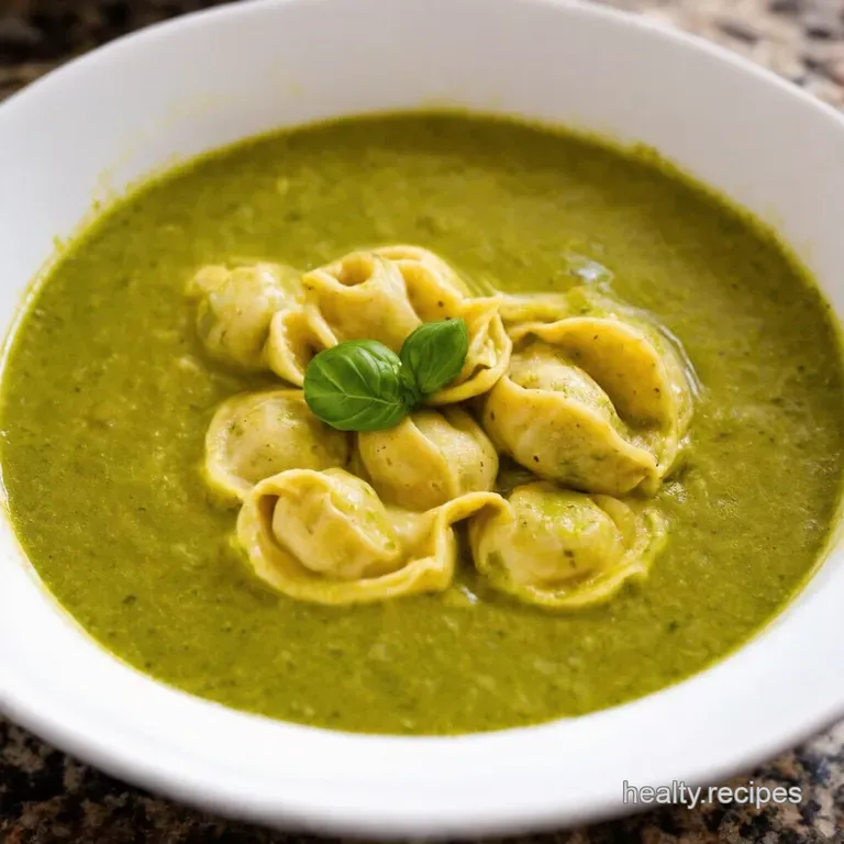 Creamy Tomato and Pesto Tortellini Soup presentation