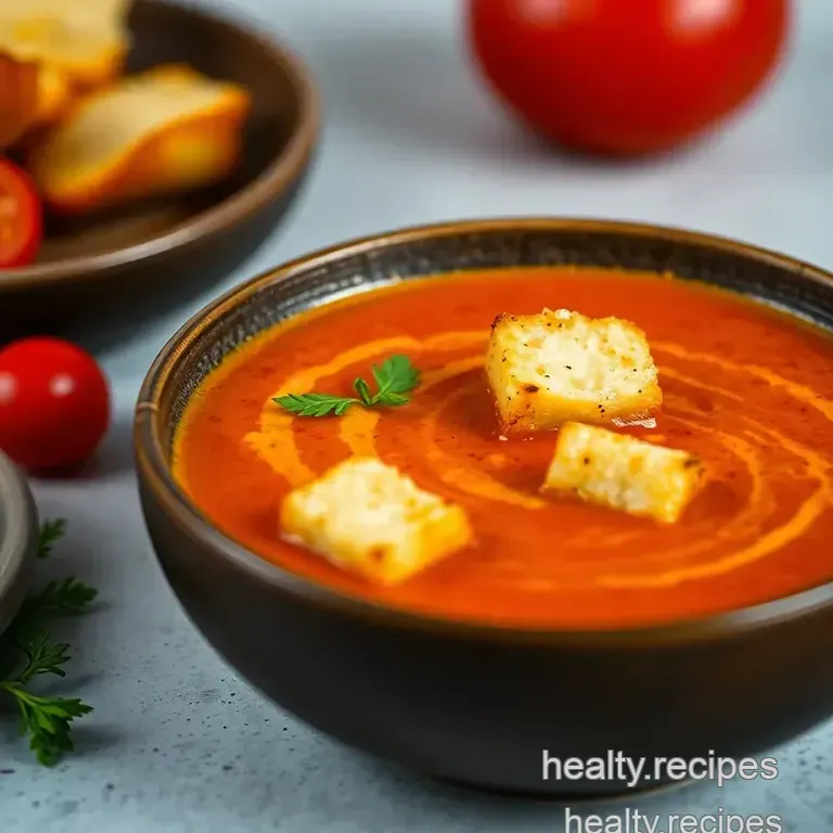 Creamy Tomato Soup with Grilled Cheese Croutons presentation