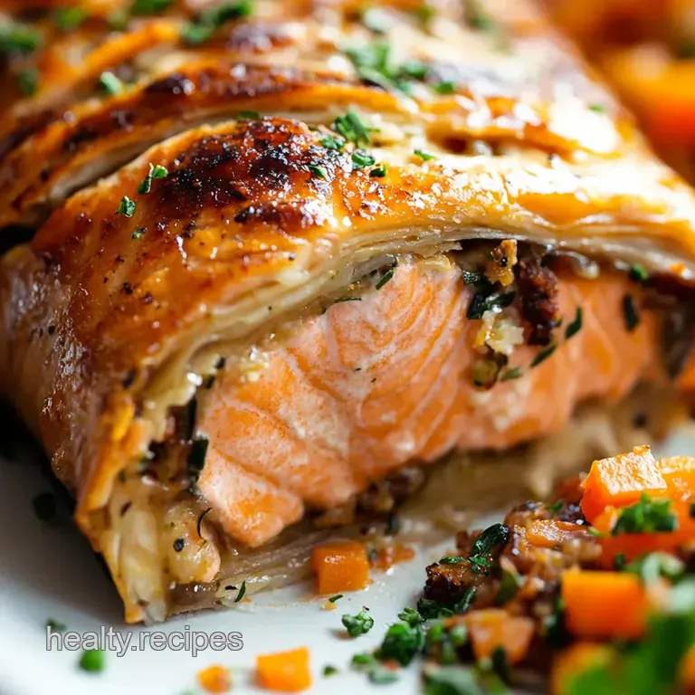 Salmon Wellington with Lemon-Dill Sauce presentation
